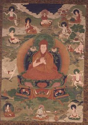 1962.215 Thangka of Sakya Pandita with thirteen figures including lineage Lamas and Mahasiddhas