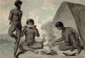 Aborigines eating fish in front of a campfire, possibly by Philip Gidley King (1758-1808) (w/c)