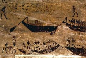 Boats going downstream, detail from a tomb wall painting,Egyptian