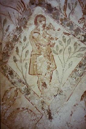 Fresco of a man in a Roman tunic playing a flutefrom the Apodyterium