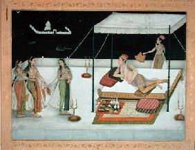A Mughal prince receiving a lady at night