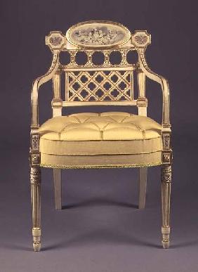 Recency armchair, cream-painted,parcel-gilt frame with grisaille painting of cherubs on oval tablet