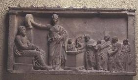Votive relief depicting a family sacrificing a bull to Asclepius, the god of health and his daughter