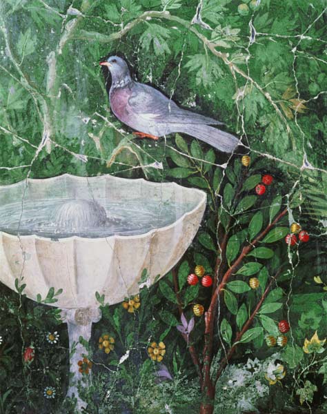 Wall painting of a dove in a garden by a fountain from Anonymus