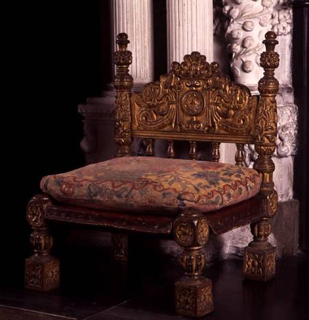 Chair used by one of Elizabeth's maids of honour when they were attending to her at court, in the dr from Anonymus