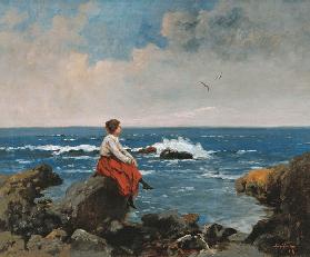 Young woman, sitting at a cliff-lined coast.