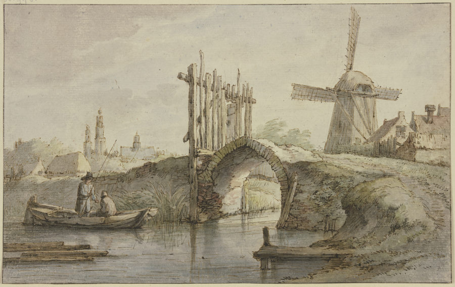 Abgegatterte spitzbogige Kanalbrücke, rechts eine Windmühle, links in einem Kahn zwei Angler from Anthonie van Borssom