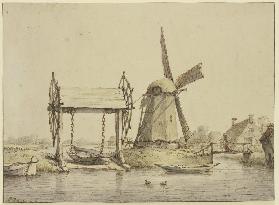 Landschaft mit Schiffshebewerk und Mühle