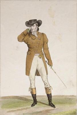 A Dandy dressed in a boat-shaped hat, a dun-coloured jacket and buckskin breeches, plate 1 from the