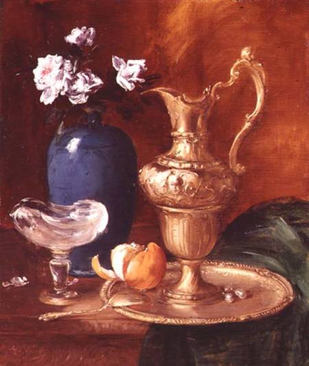 Still life of a gilt ewer, vase of flowers and a facon de Venise bowl from Antoine Vollon