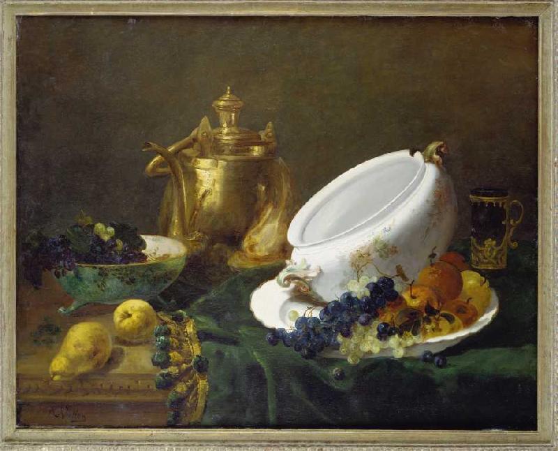 Quiet life with brass can, soup tureen and fruit. from Antoine Vollon