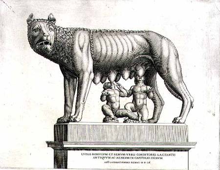 Drawing of the Etruscan bronze of the she-wolf suckling Romulus and Remus, 5th century BC, in the Ca from Antonio Lafreri