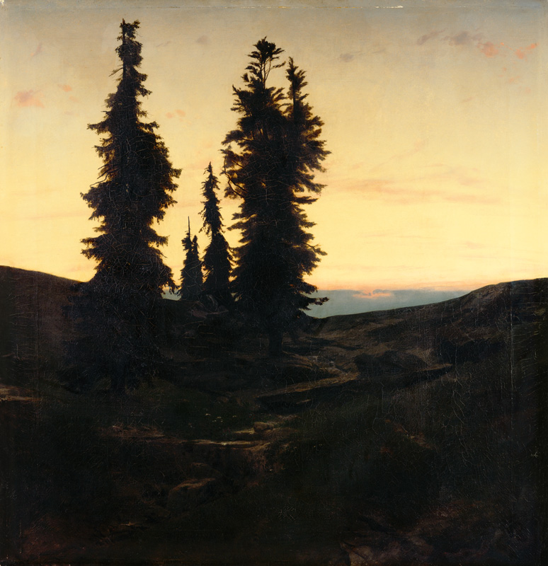 Weather firs in the Jura Mountains at sinking sun from Arnold Böcklin