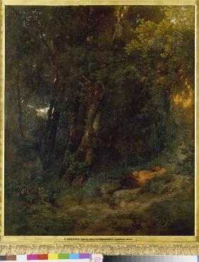 Woodland landscape with resting Pan