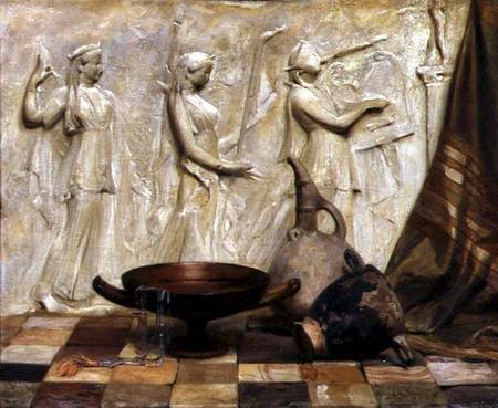 A Skyphos, a Kylix, a Wine Jug and an Egyptian Necklace by a Greek frieze from Arthur Hacker