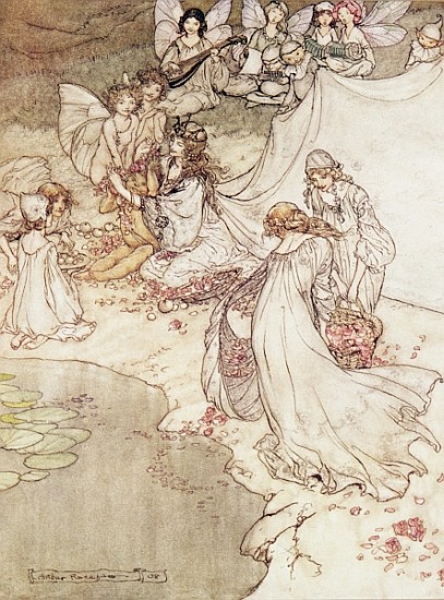 Illustration for a Fairy Tale, Fairy Queen Covering a Child with Blossom from Arthur Rackham