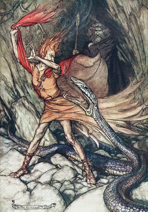 Ohe! Ohe! Terrible dragon, oh, swallow me not! Illustration for "The Rhinegold and The Valkyrie" by  from Arthur Rackham