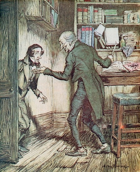 Scrooge and Bob Cratchit, from Dickens'' ''A Christmas Carol'' from Arthur Rackham