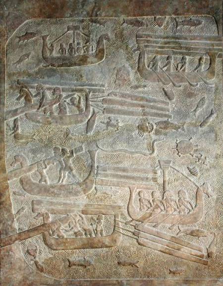 Relief depicting the unloading of wood after transportation by sea, from the Palace of Sargon II, Kh from Assyrian