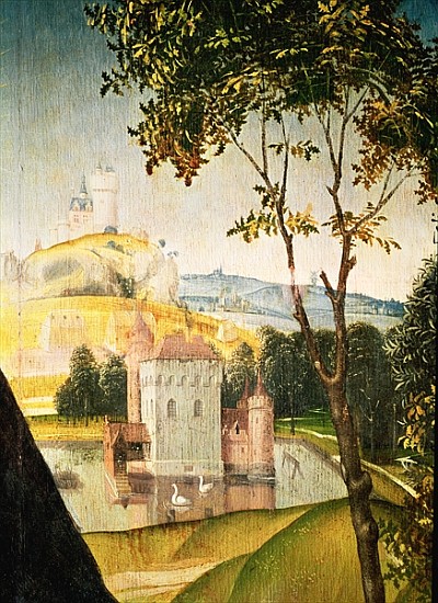 Landscape with castle in a moat and two swans, 1460-66 (detail of 344036) from (attr. to) Rogier van der Weyden