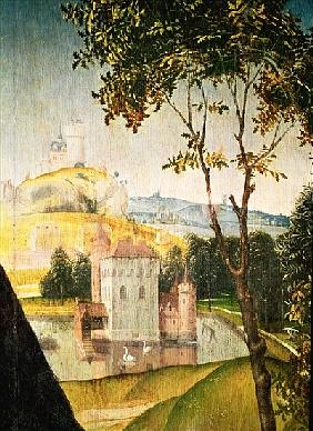 Landscape with castle in a moat and two swans, 1460-66 (detail of 344036)