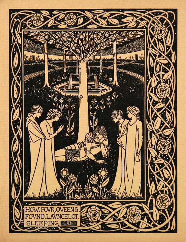 How Four Queens Found Lancelot Sleeping. Illustration to the book "Le Morte d'Arthur" by Sir Thomas  from Aubrey Vincent Beardsley