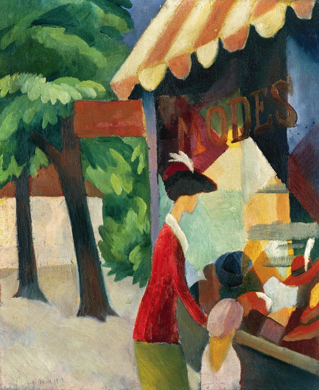 In front of the hat shop (woman with red jacket and child) from August Macke