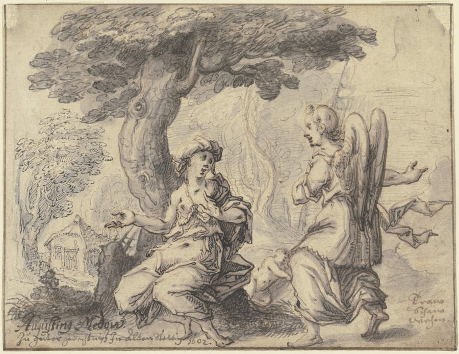 Der Hagar, die unter einem Baum sitzt, erscheint von rechts kommend ein Engel, zwischen ihnen liegt  from Augustin Medow