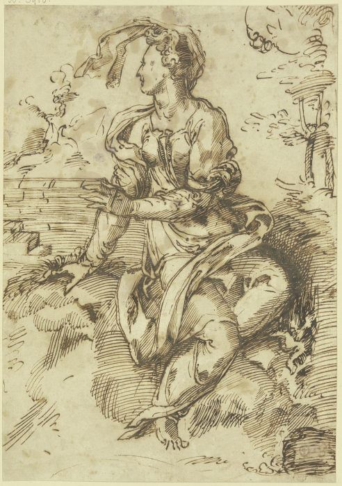 Sitzende Frau mit fliegendem Schleier in einer Landschaft nach links gewandt from Baccio Bandinelli