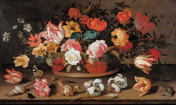 Roses, tulips, lilies and other flowers in a basket. from Balthasar van der Ast