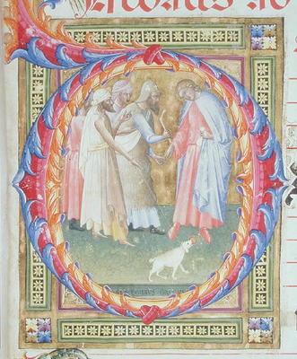 Ms 518 f.1r Historiated initial 'O' depicting Tobias and the Angel (vellum) from Bartolomeo di Frusino