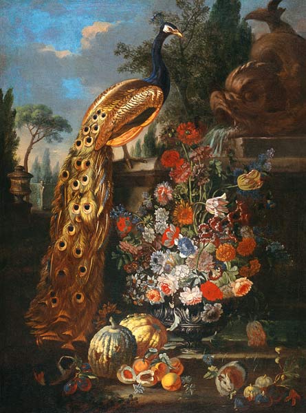 Quiet life with flowers, fruits, Meerschwinchen and peacock. from Bartolomeo Ligozzi