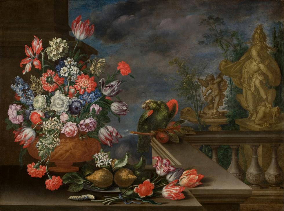 Stillleben mit Blumenvase, Zitrusfrüchten, Papagei und Brunnenskulptur from Bartolomeo Ligozzi