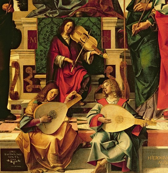 Detail of angel musicians from a painting of the Virgin and Child on a throne between St Andrew, St  from Bartolomeo Montagna