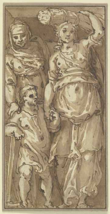Eine alte und eine junge Frau, ein Getreidegarbe auf den Kopf tragend, mit einem Kind, das sich auf  from Bartolomeo Passarotti