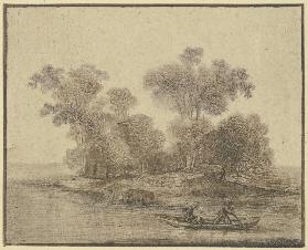 Ein Kahn mit einem stehenden und einem sitzenden Mann vor einer bewaldeten Insel