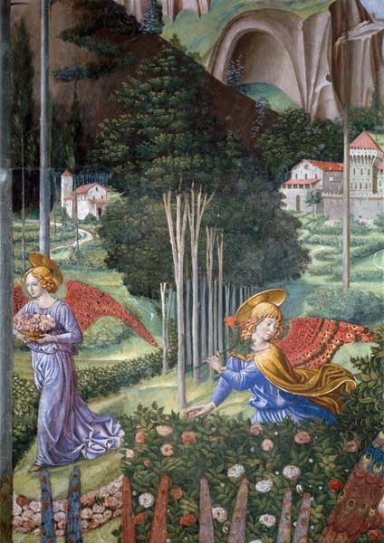 Angel gathering flowers in a heavenly landscape, detail from the Journey of the Magi cycle in the ch from Benozzo Gozzoli