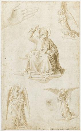 Studies of a hand, three angels and Christ as Salvator Mundi