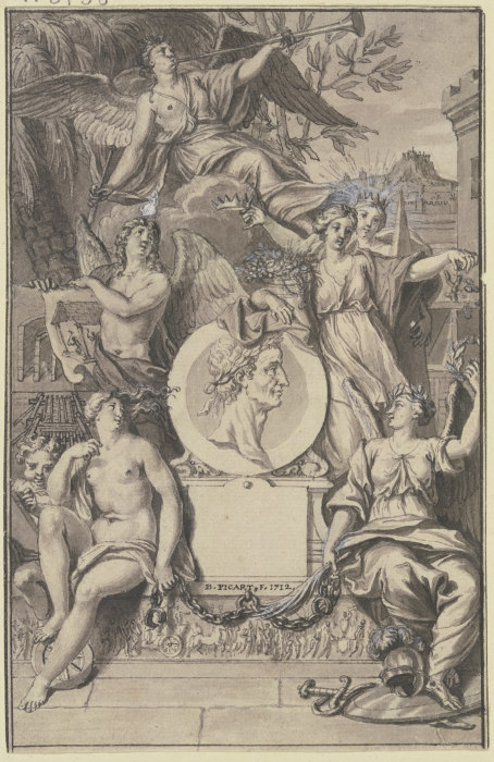 Abundantia hält das Medaillon eines mit Lorbeer gekrönten Mannes, oben schwebt ein Faun from Bernard Picart