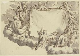 Amoretten halten ein Tuch, rechts Minerva, links Herkules und Mars