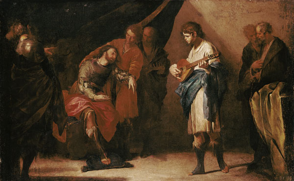 David plays in front of Saul from Bernardo Cavallino