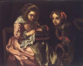 Two Girls Sewing