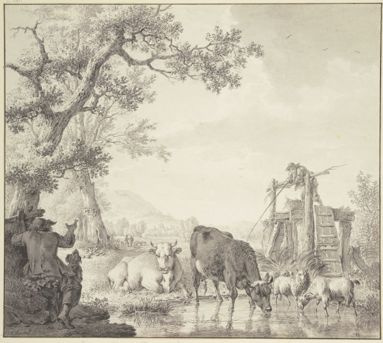 Bei einem Wasser zwei Kühe, zwei Pferde und eine Ziege, links der Hirte mit dem Hunde from Bernhard Heinrich Thier