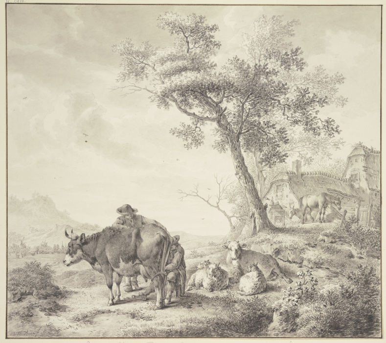 Ein Mann melkt eine Kuh, dabei einige Schafe, rechts zwei Pferde bei Häusern from Bernhard Heinrich Thier