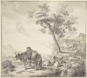 Ein Mann melkt eine Kuh, dabei einige Schafe, rechts zwei Pferde bei Häusern