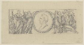 Weibliche Genien halten ein Medaillon mit dem Bildnis Goethes