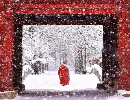 Monk in Snowy Day