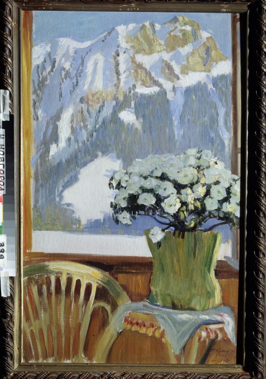 Flowers at the balcony with a view of the mountains from Boris Michailowitsch Kustodiew
