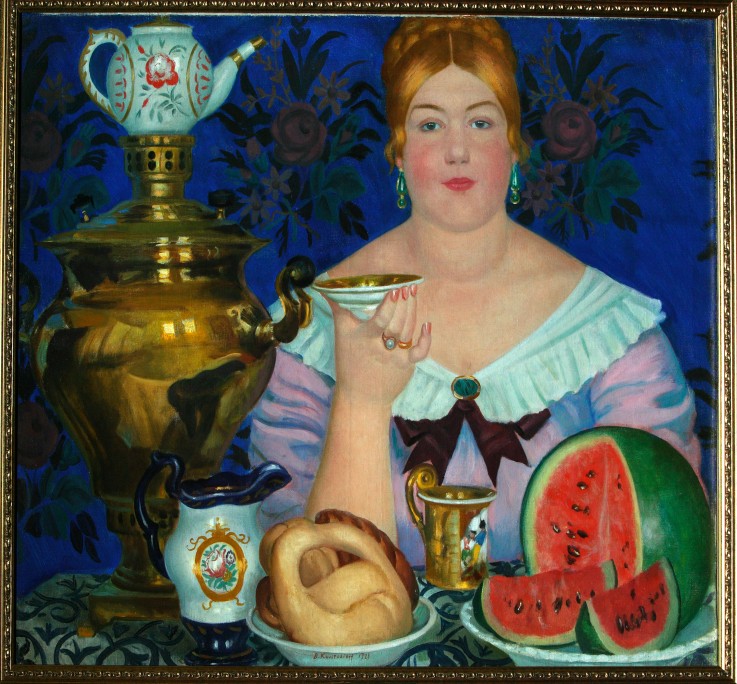 The Merchant's Wife Drinking Tea from Boris Michailowitsch Kustodiew
