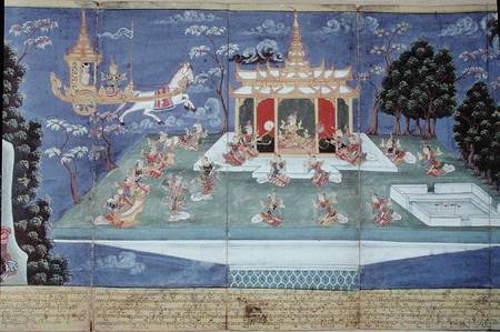 Ma 565 King Nimi in his divine chariot sent by Indra and led by the angel Matali, visits the skies a from Burmese School
